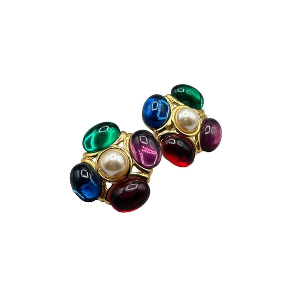 Signed NAPIER Clip On Earrings 80s Jeweled Multicolor Cabochons with Faux Pearls - Picture 1 of 6